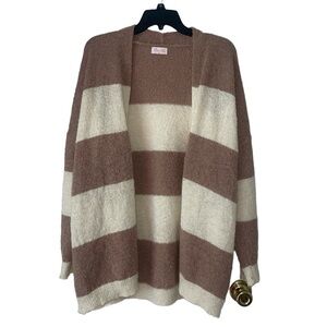 •PINK LILY•STRIPED MOCHA/IVORY OPEN FRONT SUPER SOFT KNIT CARDIGAN SWEATER LARGE